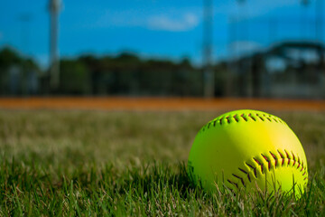 Close-up of softball in the outfield grass of a softball or baseball field. Empty field used for sports teams. - obrazy, fototapety, plakaty