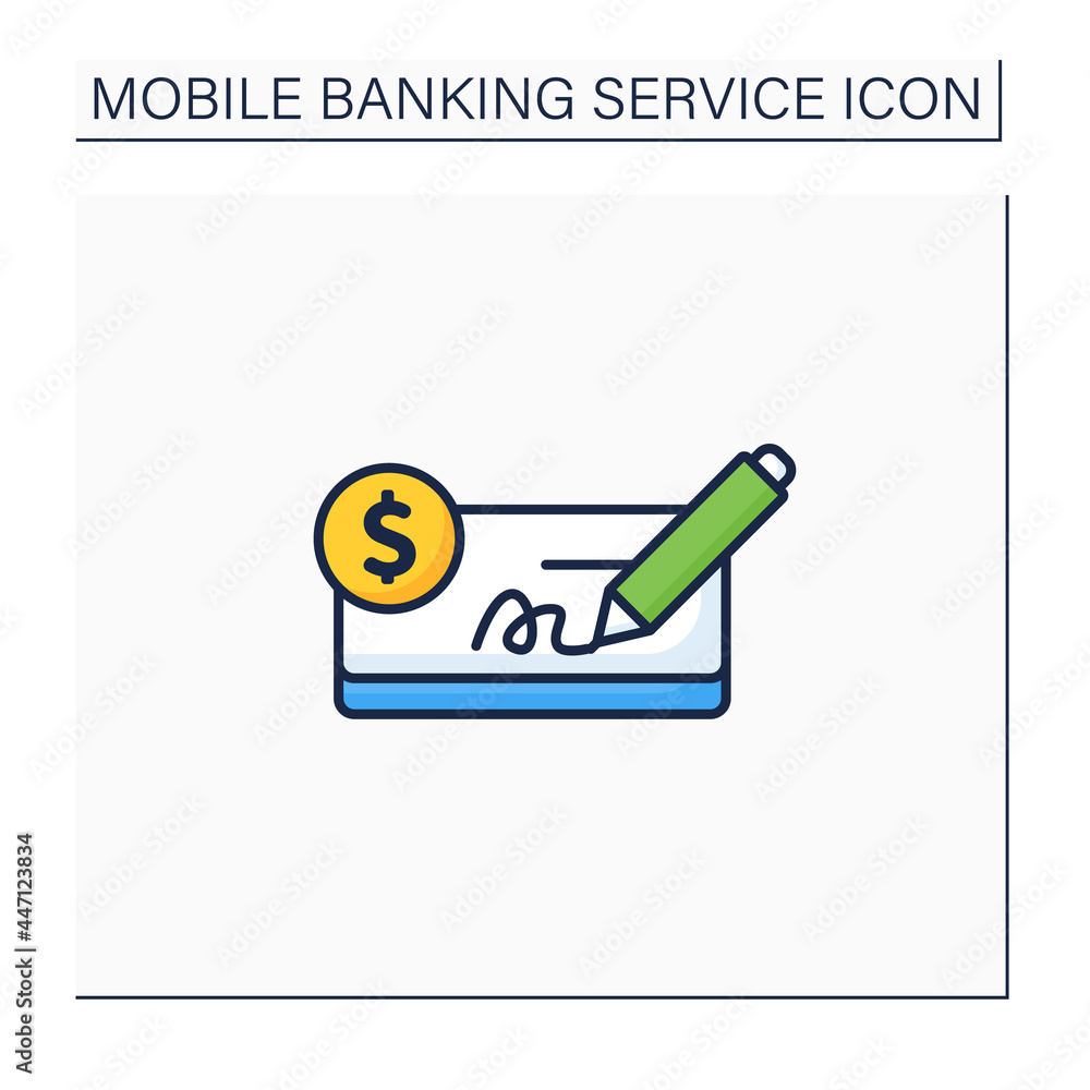Poster pay in cheques color icon. paying purchases using cheques. written on a specially printed form. easy