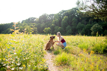Naklejka premium junge blonde Frau mir Schäferhund Mischling in der Natur beim Training und Spielen