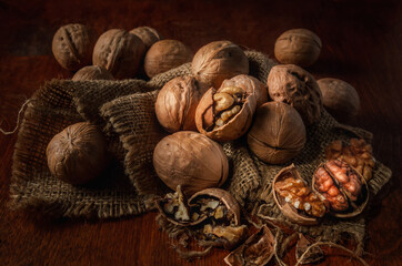 walnuts on a dark background in a rustic style