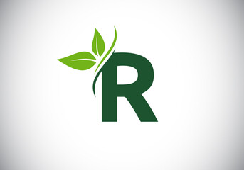 Initial R monogram alphabet with two leaves. Green, eco-friendly logo concept. Modern vector logo for ecological business and company identity