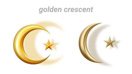 Realistic images of golden crescents with stars of different shapes and colors