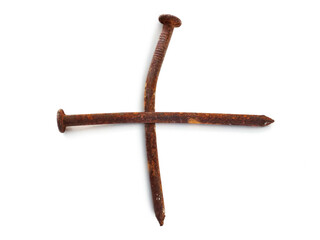 Aerial view of two isolated rusty nails. Close up of old wry rusty nail shot from above on white. Hardware store object.