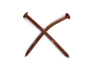 Aerial view of two isolated rusty nails. Close up of old wry rusty nail shot from above on white. Hardware store object.