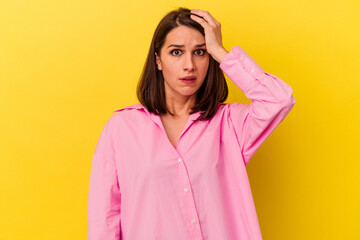 Young caucasian woman isolated on yellow background being shocked, she has remembered important...