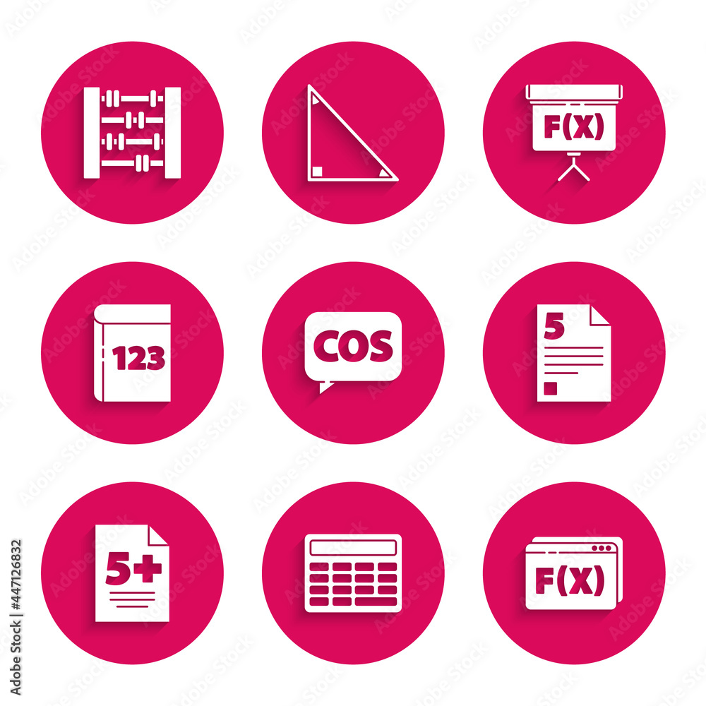 Poster set mathematics function cosine, calculator, function mathematical symbol, test exam sheet, book wit