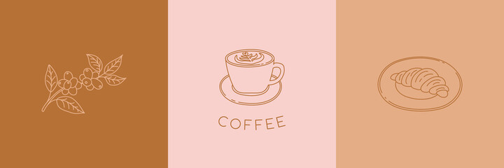 Simple emblems template set - coffee branch, cappuccino and croissant. Vector set of aesthetic line art designs in minimalist style.