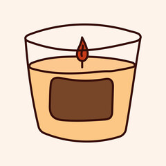 Vector isolated cozy autumn sticker. Doodle wax candle in a glass beaker with a sticker.