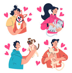 People man woman owners hugging their dog cat pets. Vector flat graphic design illustration