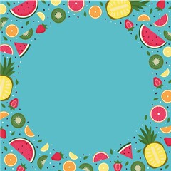 A round frame made of pieces of tropical fruits. Bright sliced fruits.
