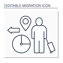 Temporary migration line icon. Timely relocation. Searching for job. Earnings. Forced movement abroad. Reste migration concept. Isolated vector illustration. Editable stroke