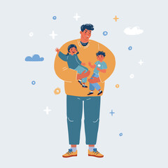 Vector illustration of Dad take care about his son and daughter.