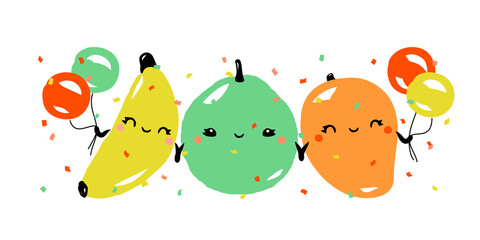 Kawaii characters of banana, guava and mango celebrating joyful holiday. Cute fruits with multicolored balloons. Vector illustration for greeting card or poster