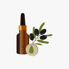 Natural essential oil, serum in a brown glass bottle with a pipette. Skin care cosmetics with olive extract. Natural organic cosmetics. Liquid aromatic product. Advertising