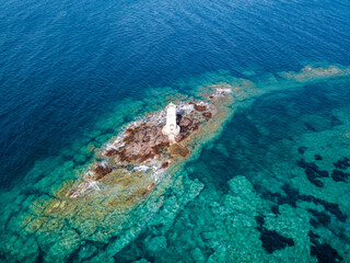 Mangiabarche Lighthouse, Sant Antioco, Sardinia, Italy. Aerial View