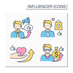 Influencer color icons set. Influencer sponsorship, outreach, ambassador, marketing. Blogging concept. Isolated vector illustrations