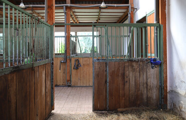 Cleared empty stall in the stable keeping sport horses