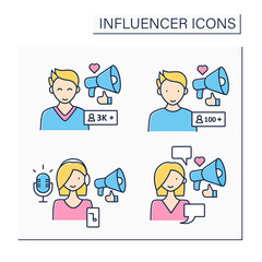Influencer color icons set. Micro and macro influencer, podcaster, social posts writer. Blogging concept. Isolated vector illustration