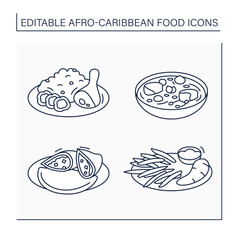 Afro-Caribbean food line icons set. Jollof rice and fried stewed chicken, efo egusi, meat pie, boiled ghanaian yarn. Local food concept. Isolated vector illustrations. Editable stroke