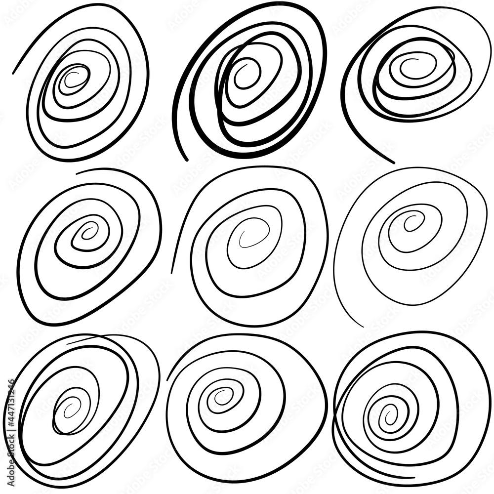 Poster hand drawn spirals. vector simple primitive coils. black swirl set.