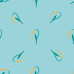 Seasonal seamless pattern with minimalistic yellow lily of the valley ornament. Pastel blue background.