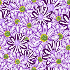 Natural seamless pattern with random purple contoured daisy flowers ornament. Cute floral hand drawn artwork.