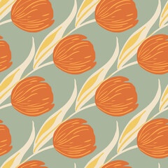 Vintage blossom seamless pattern with orange tulip flowers print. Blue pale background. Modern ornament.