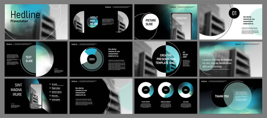 Set of vector slides for presentations and reports. Geometric elements with infographics in minimal design on a white background. Can be used for brochures, flyers, booklets, banners, web interfaces.