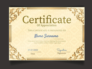 Certificate of appreciation template with vintage gold border.