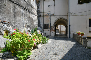 Fototapeta premium Maenza, Italy, July 24, 2021. A street in the historic center of a medieval town in the Lazio region.