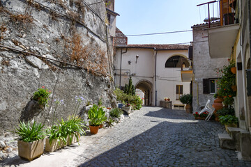 Maenza, Italy, July 24, 2021. A street in the historic center of a medieval town in the Lazio region.