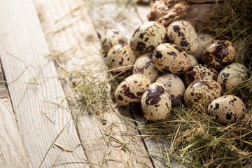 Obraz premium Quail eggs on an old wooden table.