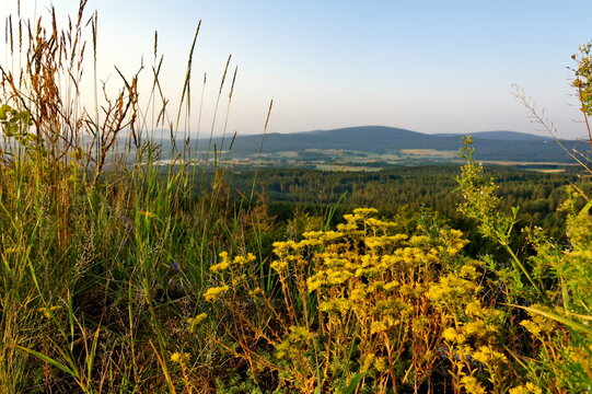 Ausblick vom Waldstein auf den Schneeberg im Fichtelgebirge