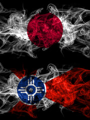 Smoke flags of Japan, Japanese and United States of America, America, US, USA, American, Wichita, Kansas