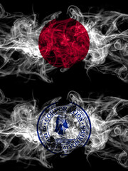 Smoke flags of Japan, Japanese and United States of America, America, US, USA, American, Yonkers, New York