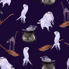 Halloween ghosts watercolor patern. Template for decorating designs and illustrations.
