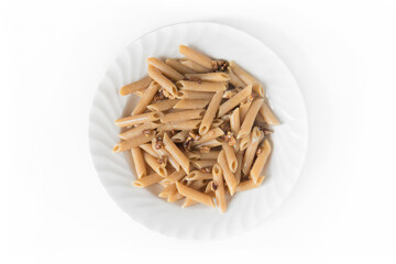 pasta with gorgonzola cheese on white background, top view of homemade italian food (whole wheat 