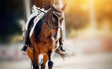 Equestrian sport. Dressage of horses in the arena.