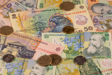Romanian leu banknotes and coins, RON. Romania, ROU