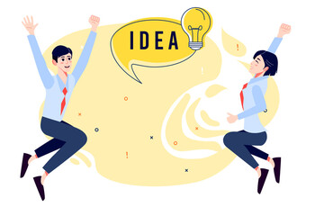 Fototapeta premium Co-workers jumping out of Happiness celebrating idea. Creative Office Workers with Idea Light Bulb Concept. Cartoon Vector Illustration. 