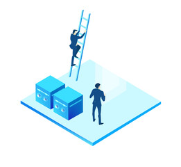 Data center concept with business people. Isometric working space, business people working together in server room, analysing data, solving problems, find solutions. Support idea