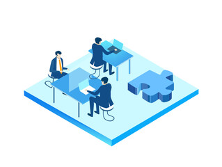 Data center concept with business people. Isometric working space, business people working together in server room, analysing data, solving problems, find solutions. Support idea