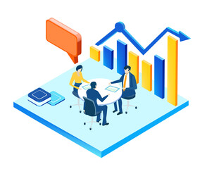 Data center concept with business people. Isometric working space, business people working together in server room, analysing data, solving problems, find solutions. Support idea