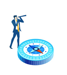 Businessman with telescope next to compass. Isometric working space, analysing data, solving problems, find solutions. Support idea
