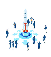 Business people having a meeting next to big rocket, which is ready to be launched. New start up. Isometric iconographic of business working space with people, business concept