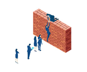 Business people try to get on top of brick wall. Partnerships.  New start up. Isometric iconographic of business working space with people, business concept