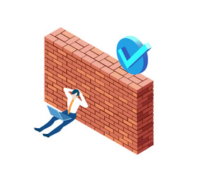 Business man relaxing next to brick wall. Partnerships.  New start up. Isometric iconographic of business working space with people, business concept