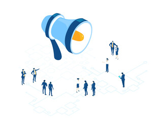 Business people working around megaphone, discussing the deal. Isometric iconographic of business working space with people, business concept illustration