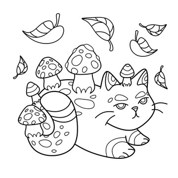 Coloring Antistress Page For Adults 
And Children. Mushroom Cat.