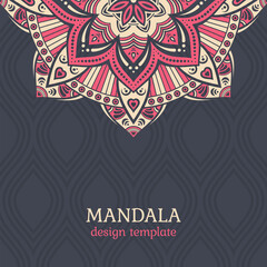 Invitation graphic card with mandala. Vintage decorative elements. Applicable for covers, posters, flyers, banners. Arabic, islam, indian, turkish, chinese, ottoman motifs. Color vector illustration.